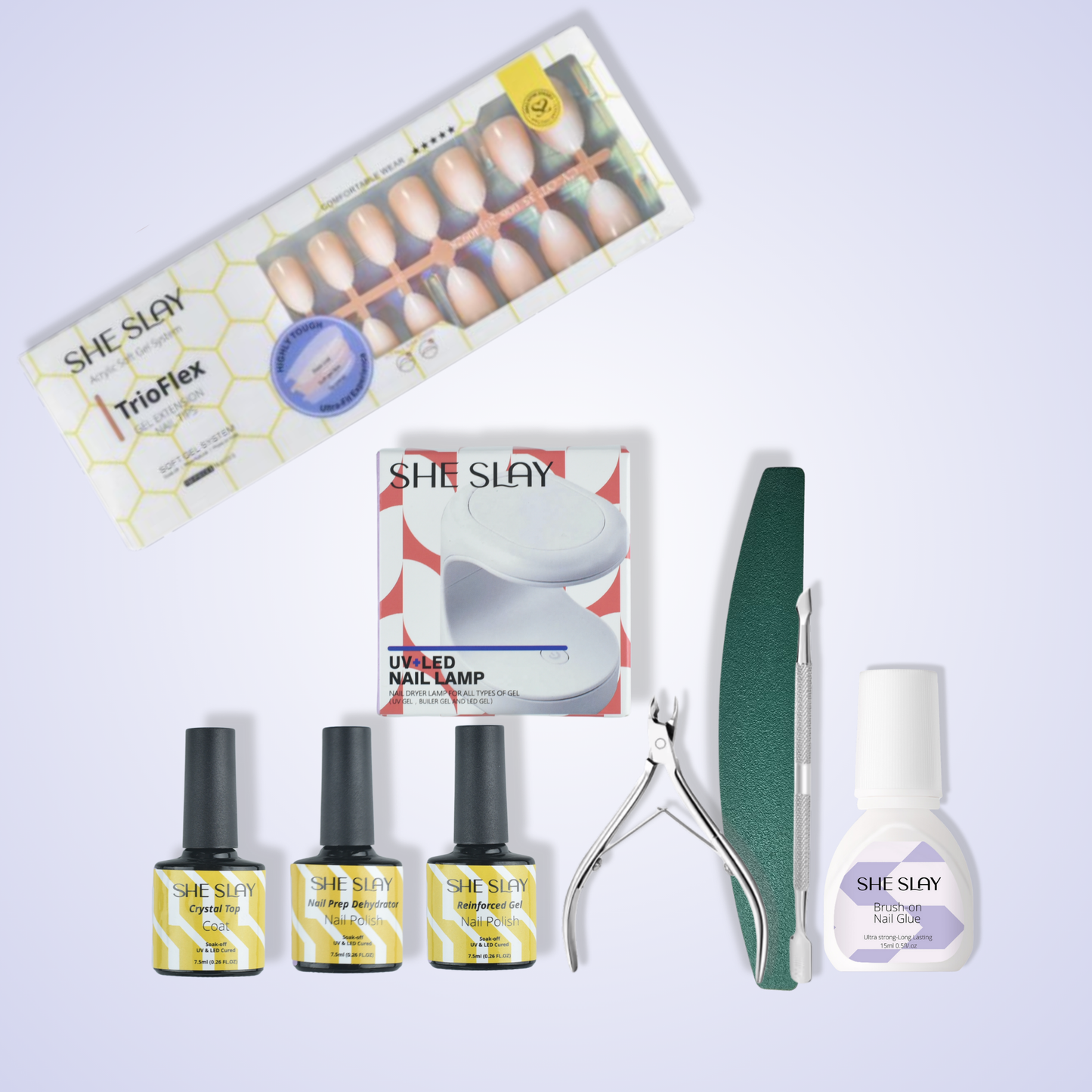 SheSlay Press-On Nail Starter Kit – UV Lamp, Full Nail Prep System & Ombre Trio Flex Set (150 pcs)