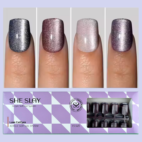 SheSlay Cat Eye Glitter Gel Press-On Nails | 120pcs Full Cover Short Square Nails | Glossy, Handmade, Real Cat Eye Effect | 4 Colors, 15 Sizes - SHESLAY