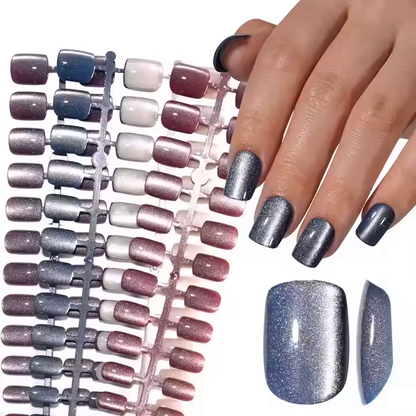 SheSlay Cat Eye Glitter Gel Press-On Nails | 120pcs Full Cover Short Square Nails | Glossy, Handmade, Real Cat Eye Effect | 4 Colors, 15 Sizes - SHESLAY